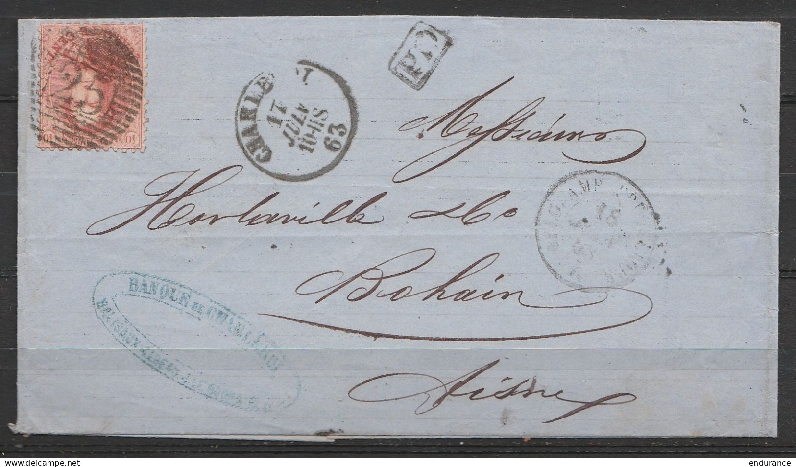 L. Affr. N°16 P25 Càd CHATELET /17 JUIN 1863 Pour BOHAIN (Aisne) - [PD] - Passages "BELG.AMF.ERQUELINNES" (?)  (au Dos:  - 1863-1864 Medallions (13/16)