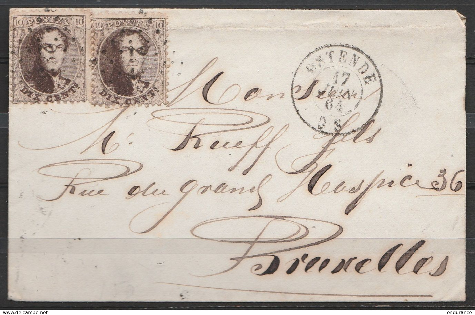 L. Affr. N°14 X2 (2 Nuances Différentes) Lpts 283 Càd OSTENDE /17 JUIN 1864 (au Dos: Càd BRUXELLES /18 JUIN 1864) - 1863-1864 Medallions (13/16)