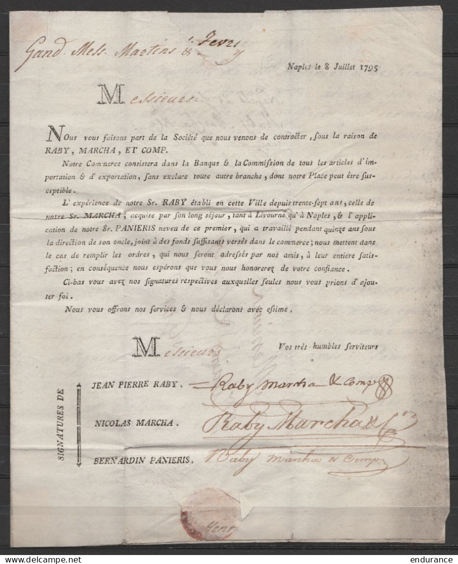L. Datée 1795 De NAPLES Pour GAND - Acheminé De NAPLES à GENOVA - Port "34" !!! - 1794-1814 (Période Française)