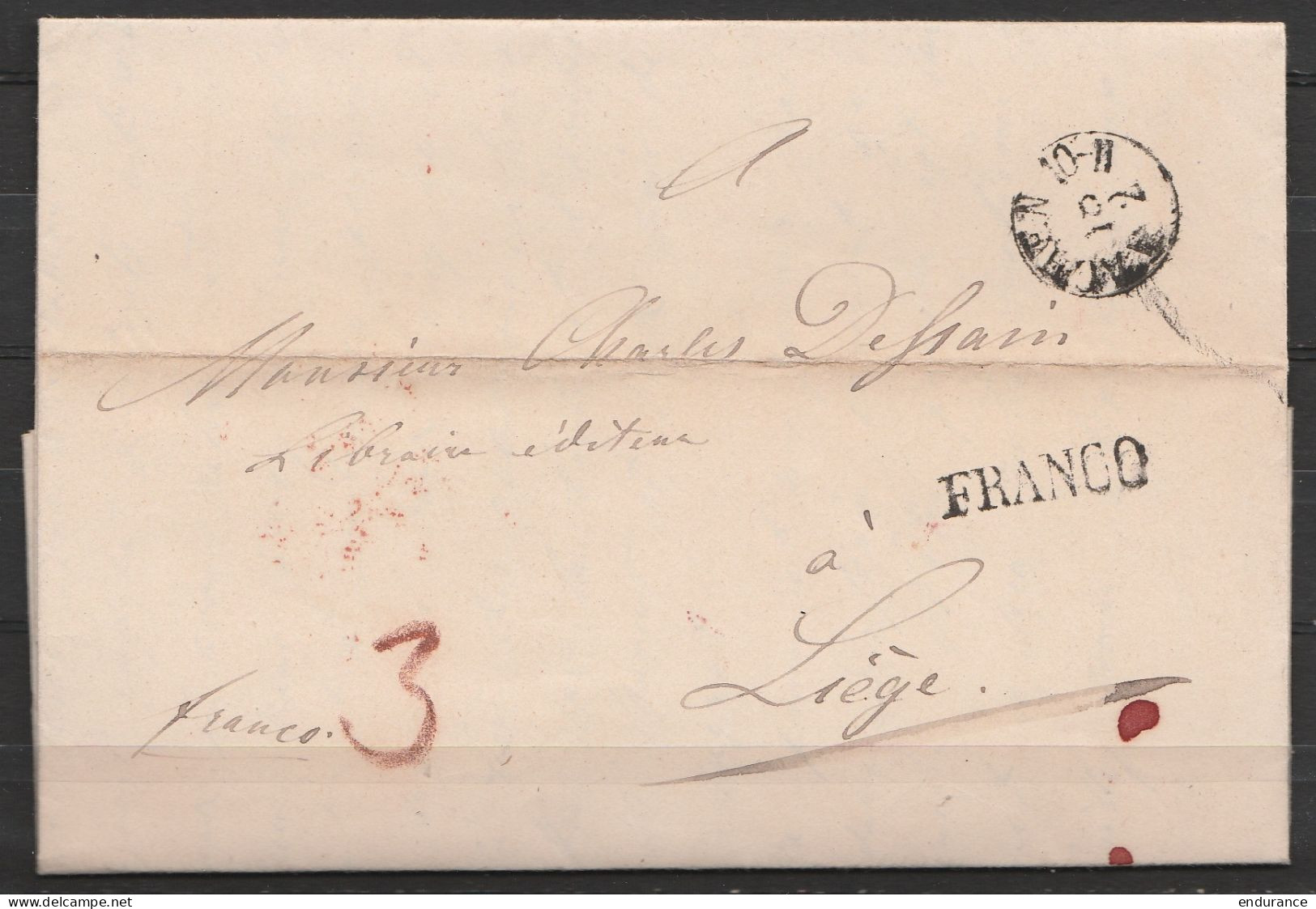 L. Datée 18 Février 1843 De AIX-LA-CHAPELLE Pour Libraire éditeur à LIEGE - Càd AACHEN /18-2 - Griffe + Man "Franco" - P - 1830-1849 (Belgica Independiente)