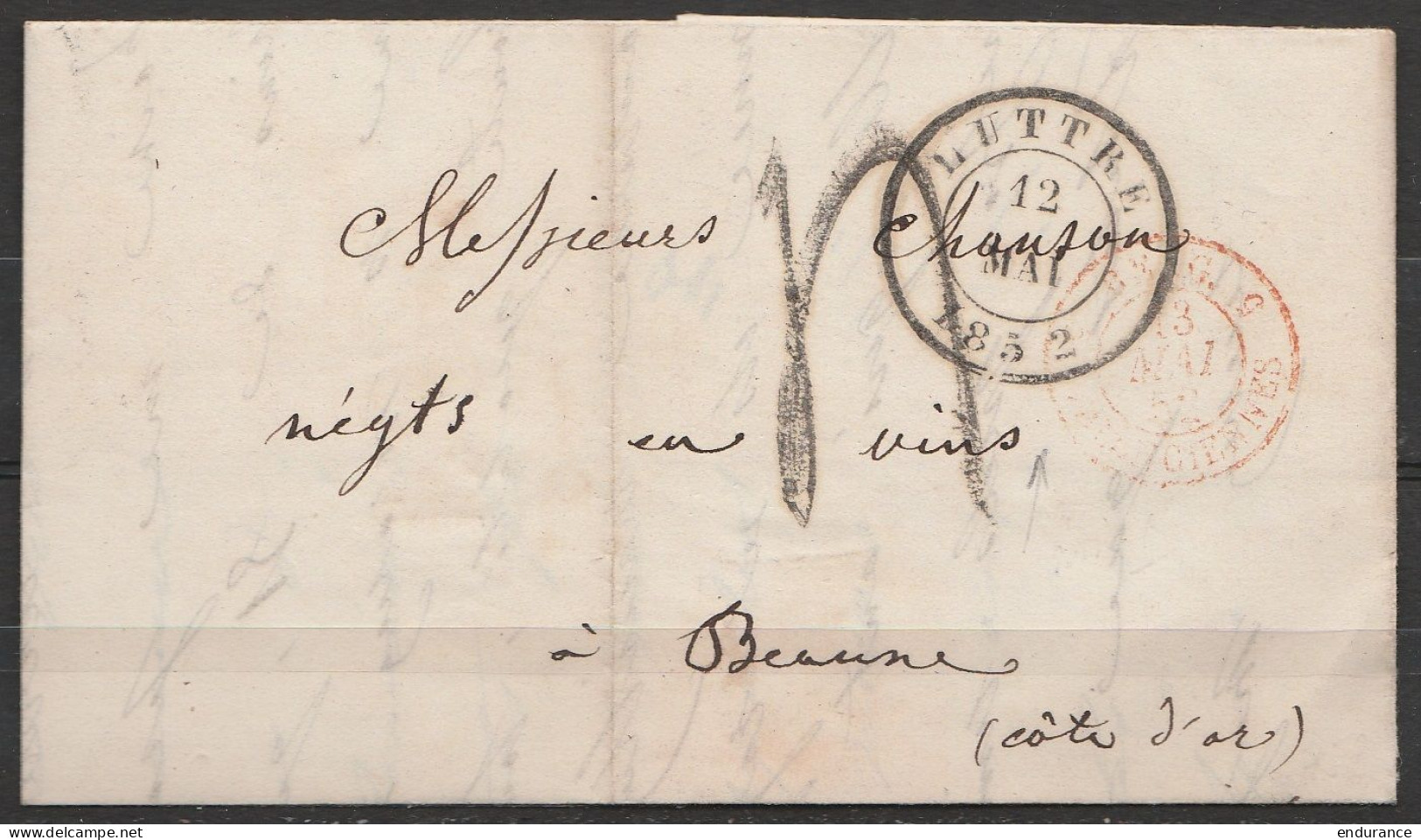 L. De FRASNES Càd Noir (rare !) LUTTRE /12 Mai 1852 Pour Négociant En Vin à BEAUNE - Càd "BELG. 5 Par Valenciennes" (au  - Sonstige & Ohne Zuordnung