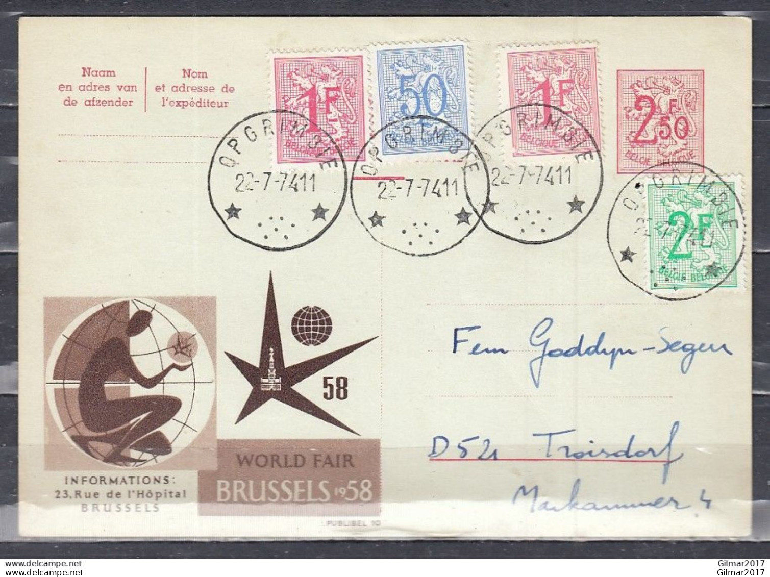 Postkaart Van OPGRIMBIE (sterstempel) Naar Troisdorf - Postmarks With Stars