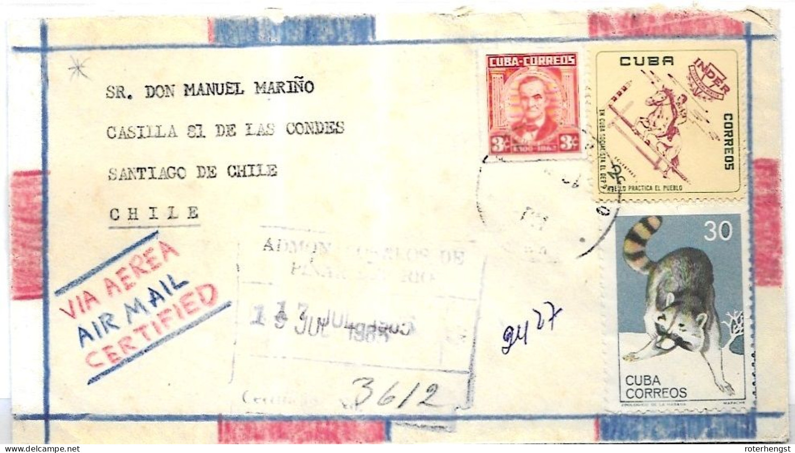 Cuba Registered Letter From Pinar Del Rio To Chile 1965 With Racoon And Hors Jumping Stamps - Gebruikt