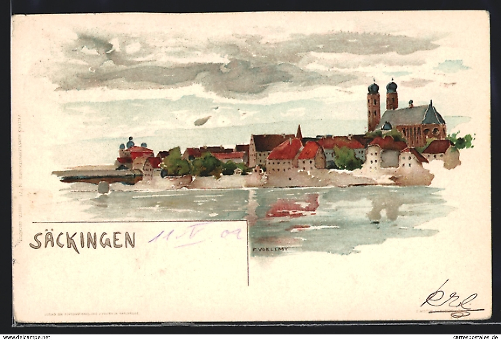 Lithographie Säckingen, Ortsansicht Vom Wasser Aus  - Bad Saeckingen