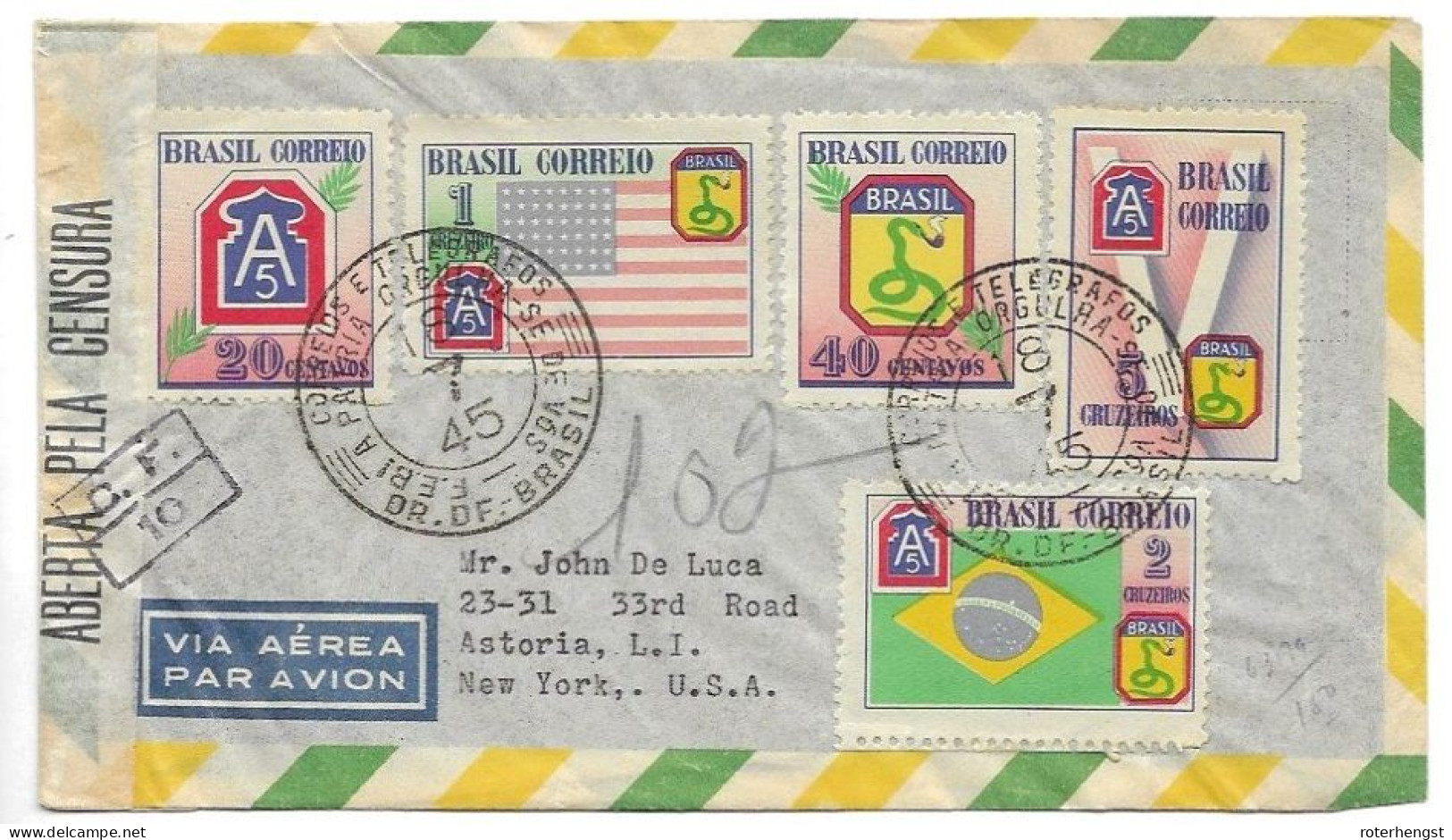 Brazil R-letter With Good Stamps CENSORED 18 July 1945 To New York Circulated FDC - Covers & Documents