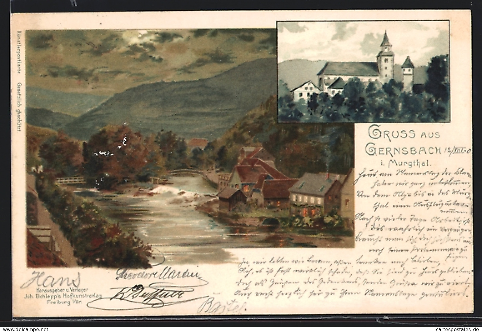 Lithographie Gernsbach I. Murgthal, Ortspartie, Kirche  - Gernsbach