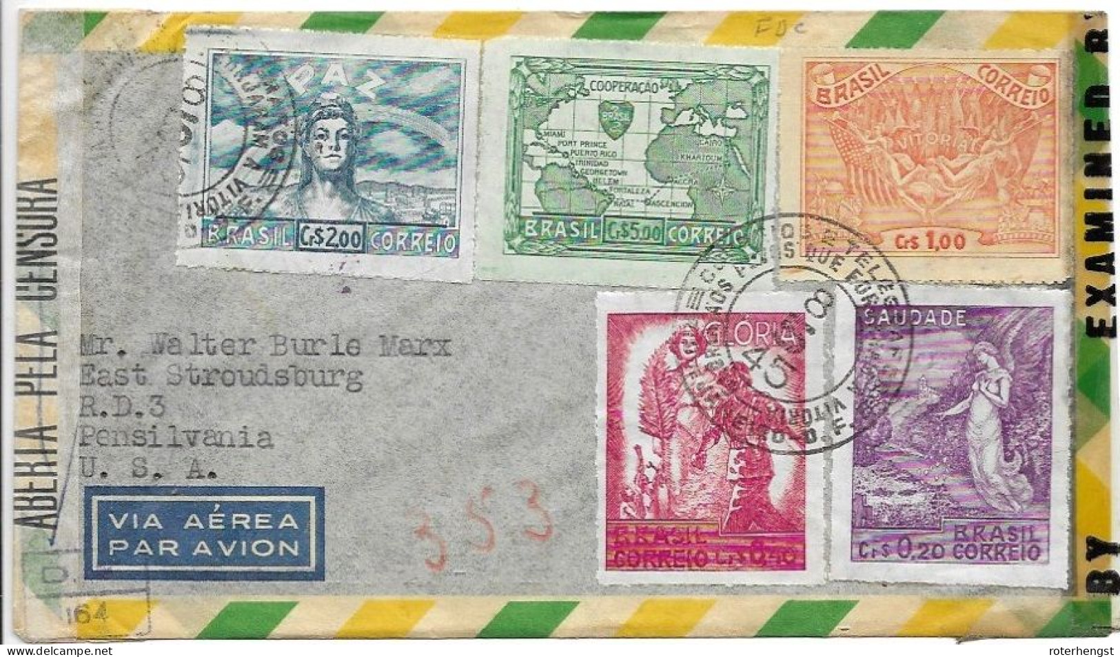 Brazil R-letter With Good Stamps CENSORED 8 May 1945 To USA Circulated FDC - Cartas & Documentos