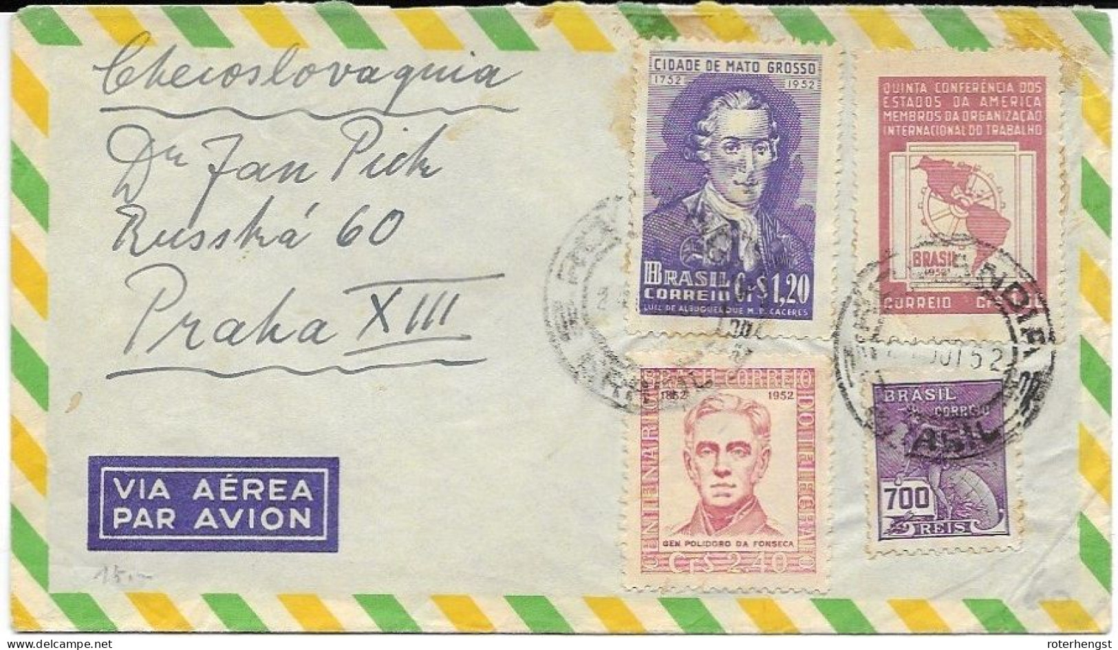 Brazil 1952 Airmail Letter To Prague Praha - Covers & Documents
