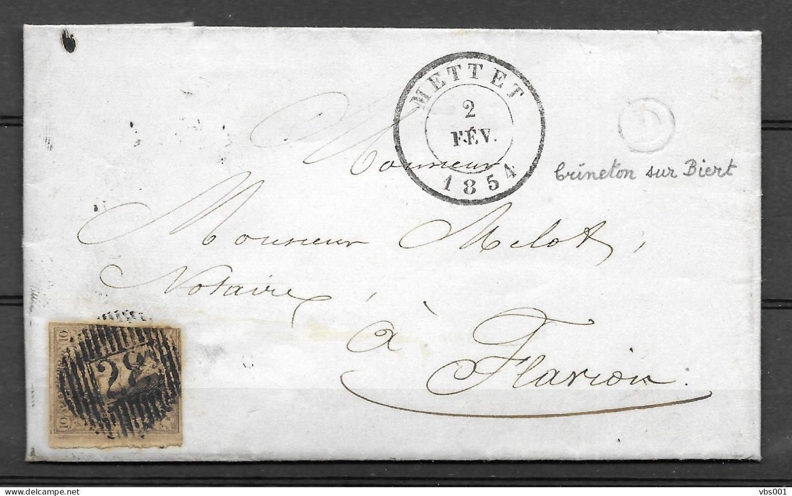 OBP6 Op Brief Uit 1854 Verzonden Vanuit Mettet (D28 !) Naar Flavion, Met Vertrek- En Aankomststempel (Dinant) - 1851-1857 Medallions (6/8)