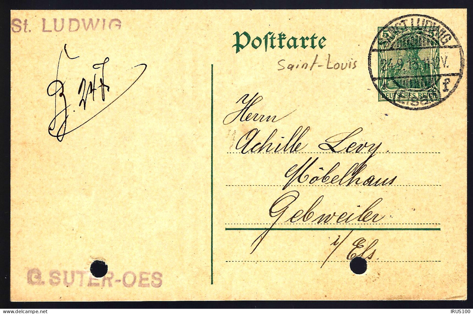 ENTIER POSTAL DE SAINT-LOUIS (SANGT LUDWIG) POUR GEBWEILER - 1913 -  - Autres & Non Classés