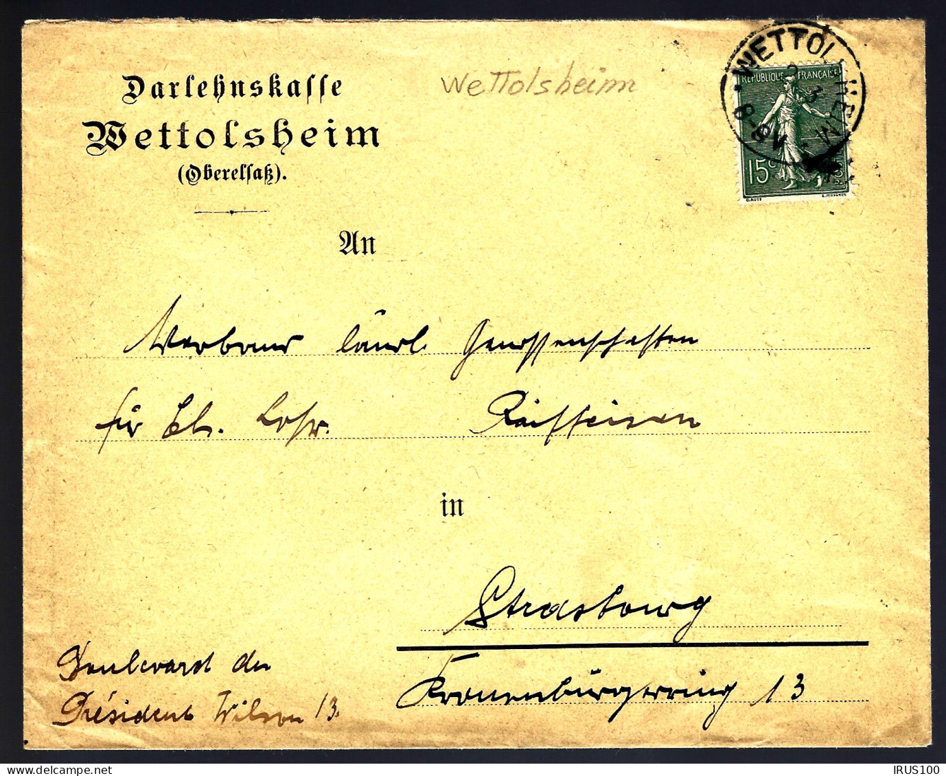 CACHET PROVISOIRE DE WETTOLSHEIM - POUR STRASBOURG - Altri & Non Classificati