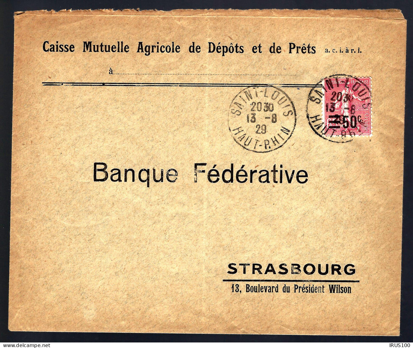 EN PROVENANCE DE SAINT-LOUIS - 1929 - TIMBRE SEMEUSE SURCHARGÉE - POUR STRASBOURG - Autres & Non Classés