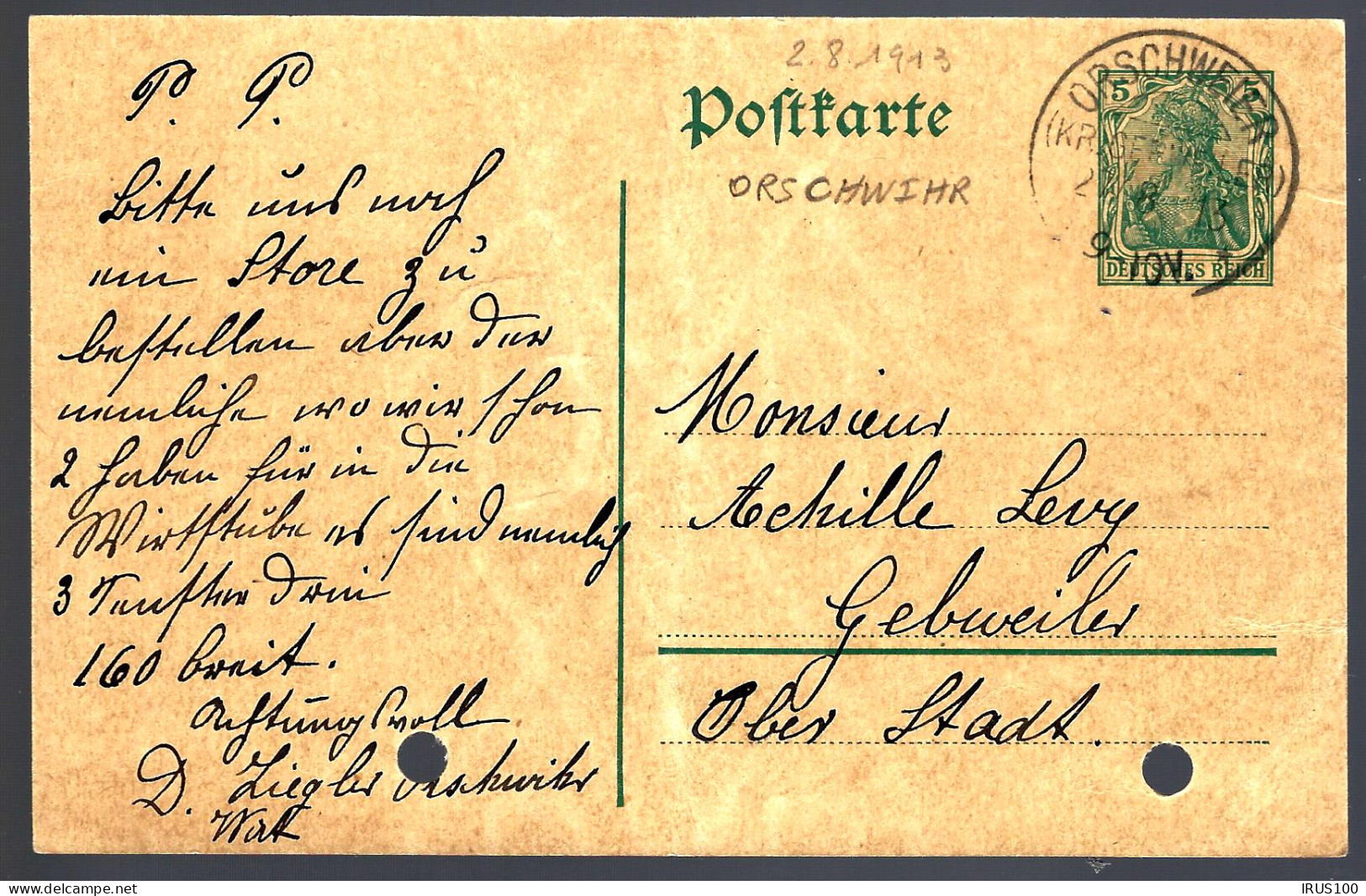 ENTIER POSTAL EN PROVENANCE D'ORSCHWIHR - ORSCHWEIER - 1913 - POUR GEBWEILER - GANZSACHE - Other & Unclassified
