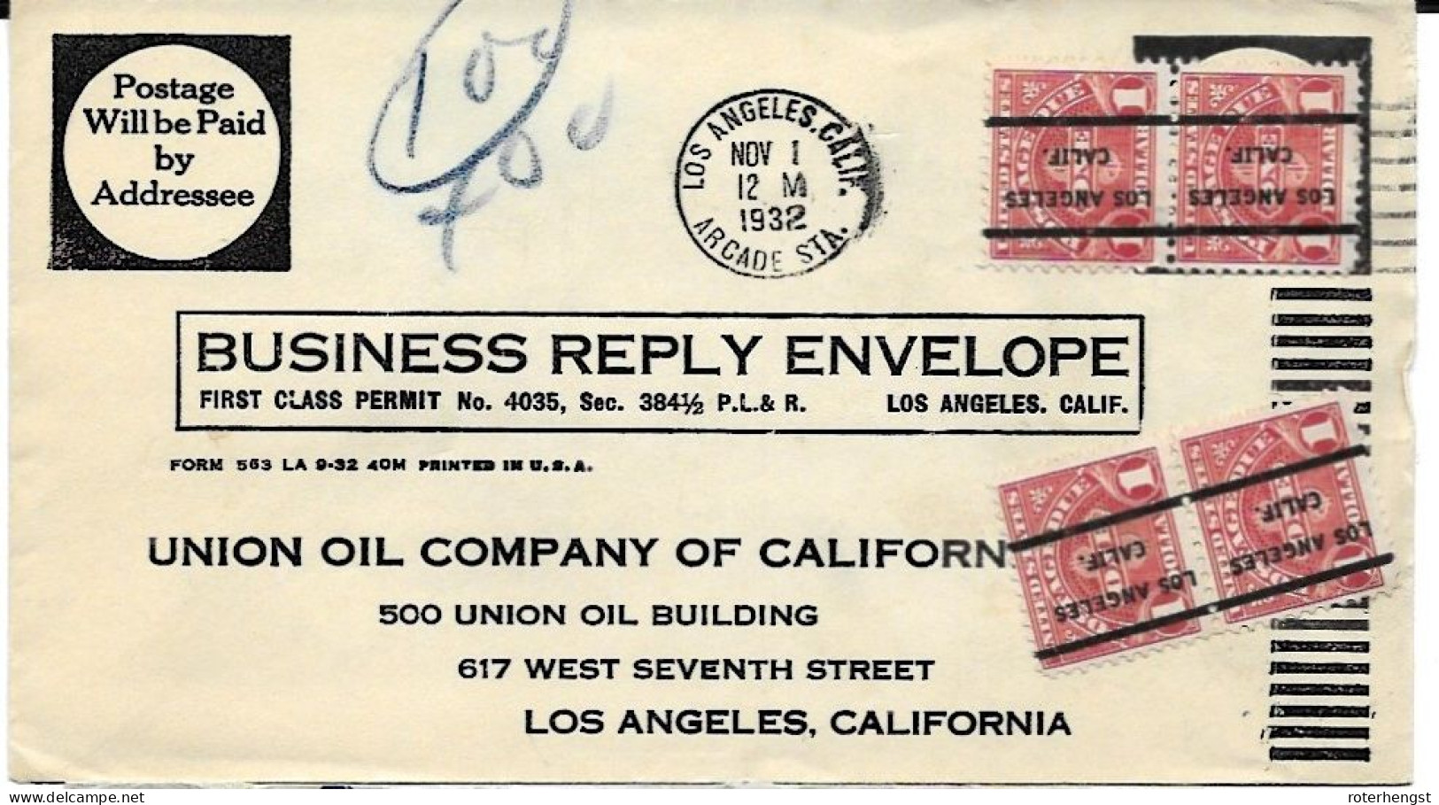 USA Los Angeles Pre-cancelled Dues Envelope From 1932 Business Reply Envelope (4 Dollars) - Brieven En Documenten