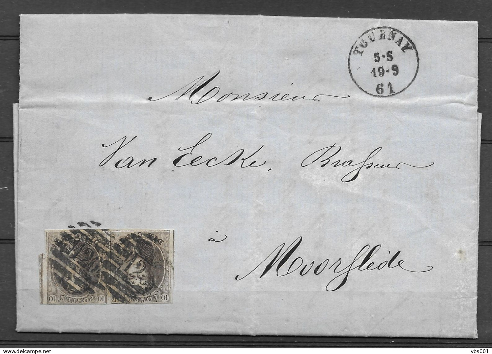OBP10 In Paar, Op Brief Uit 1861 Verzonden Vanuit Tournai (120 8B) Naar Roulers, Met Vertrek- En Aankomststempel - 1858-1862 Medallones (9/12)
