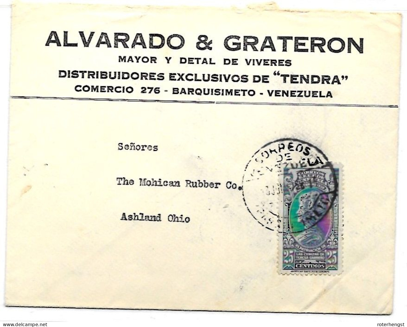 Venezuela 1938 Valencia To Ashland Ohio Cocoa Advertising Cancel - Venezuela