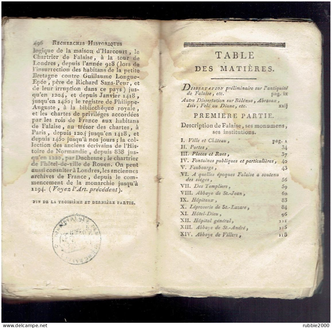 1814 RECHERCHES HISTORIQUES SUR FALAISE CALVADOS PAR LANGEVIN PRETRE CHEZ BREE IMPRIMEUR LIBRAIRE PLACE TRINITE - 1801-1900