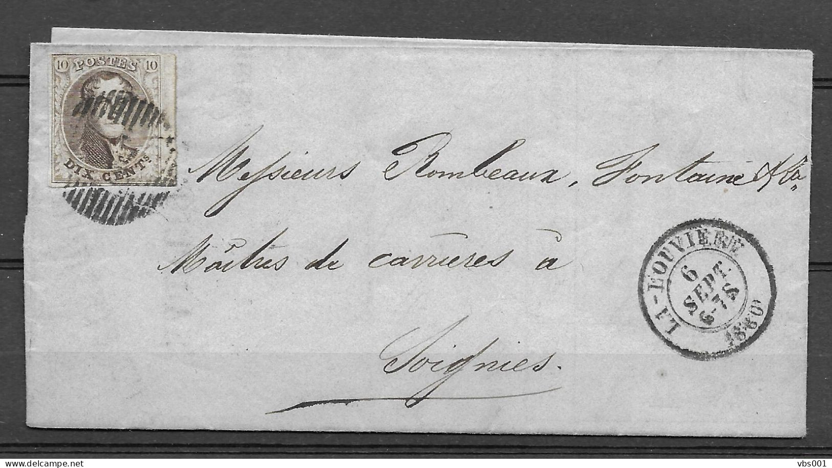 OBP10A (met Bladboord) Op Brief Uit 1860 Verzonden Vanuit La-Louviere Naar Soignies, Met Vertrek- En Aankomststempel - 1858-1862 Medallions (9/12)
