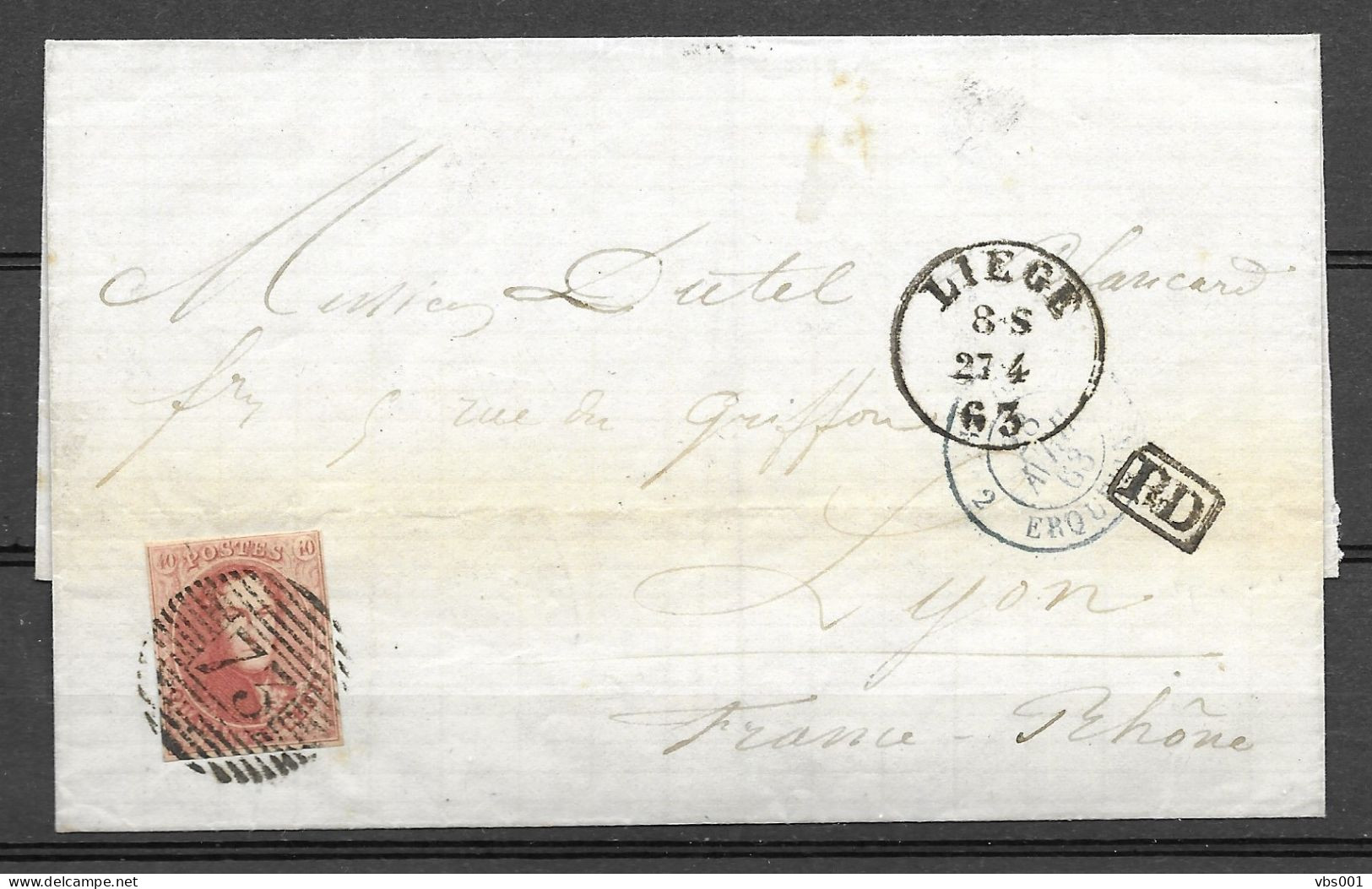 OBP12 Op Brief Uit 1863 Verzonden Liege (P73) Naar Lyon, Met Vertrek- Doorgang- En Aankomststempel - 1858-1862 Medallones (9/12)