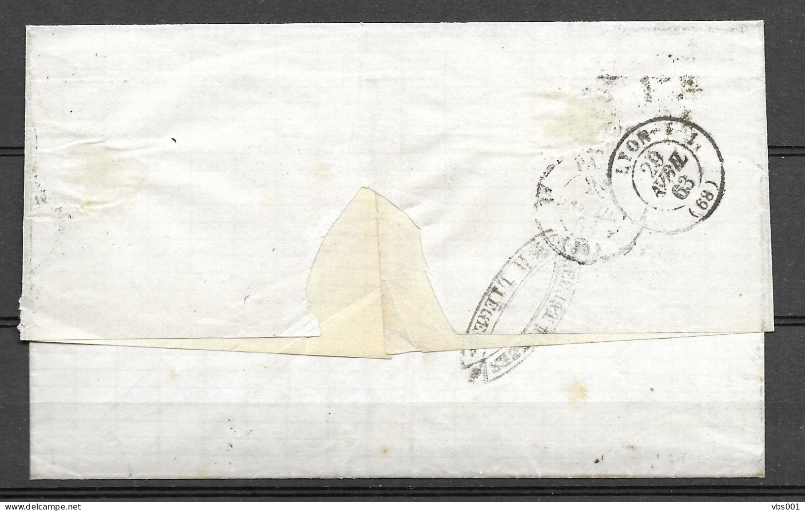 OBP12 Op Brief Uit 1863 Verzonden Liege (P73) Naar Lyon, Met Vertrek- Doorgang- En Aankomststempel - 1858-1862 Medallones (9/12)