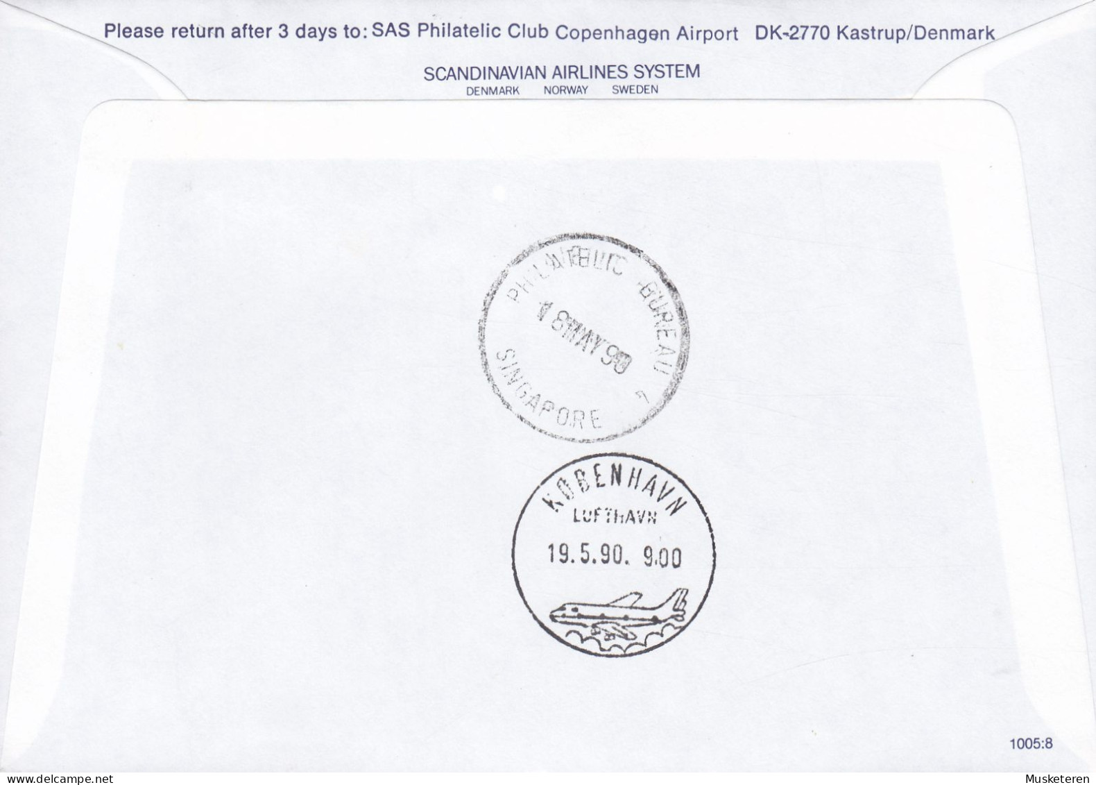 Singapore SAS First  Nonstop Boeing-767 Flight SINGAPORE - COPENHAGEN 1990 Cover Brief Lettre TRYKSAG Imprimé Label Bee - Singapour (1959-...)