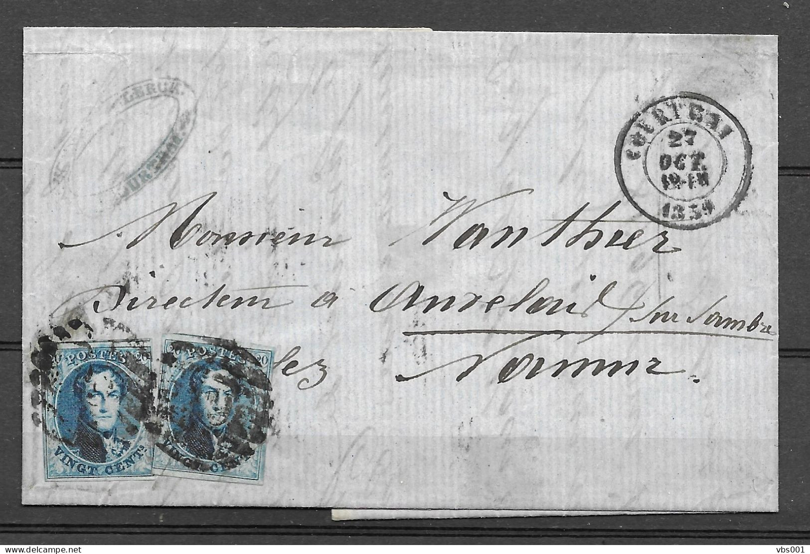 OBP11A (2x) Op Brief Uit 1859 Verzonden Courtrai (P29 8B) Naar Tamines, Met Vertrek- En Aankomststempel - 1858-1862 Medallones (9/12)