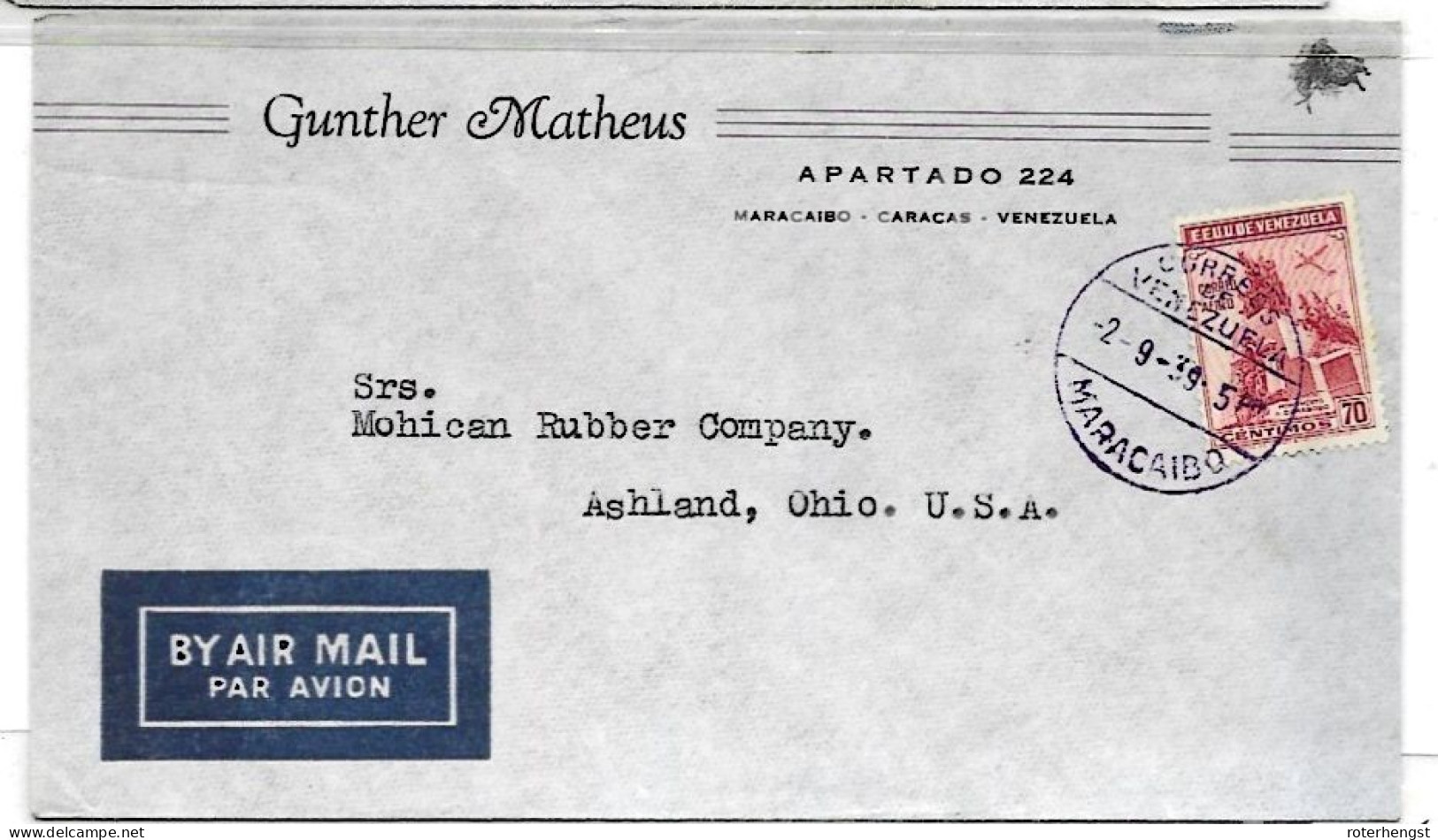 Venezuela 1939 HIGH VALUE STAMP Airmail Letter Maracaibo To Ashland USA - Venezuela