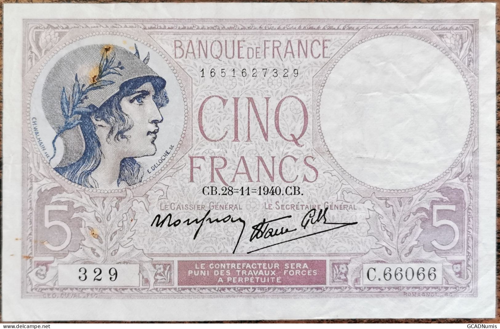 Billet 5 Francs VIOLET 28 - 11 - 1940 FRANCE C.66066 - 5 F 1917-1940 ''Violet''