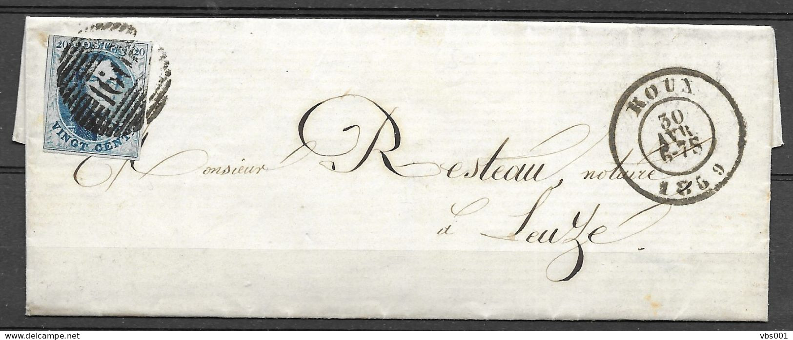 OBP11A Op Brief Uit 1859 Verzonden Roux (P160) Naar Leuze, Met Vertrekststempel - 1858-1862 Medallones (9/12)