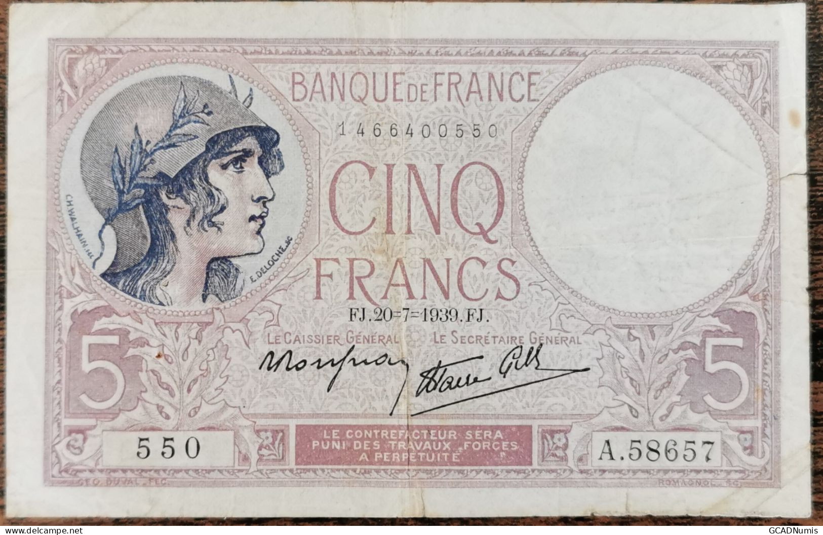 Billet 5 Francs VIOLET 20 - 7 - 1939 FRANCE A.58657 - 5 F 1917-1940 ''Violet''