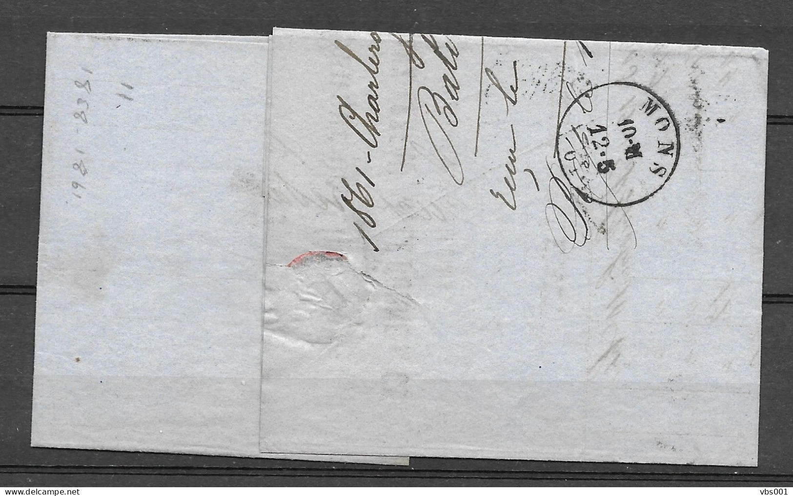 OBP11A Op Brief Uit 1861 Verzonden Charleroy (P25) Naar Mons, Met Vertrek - En Aankomstststempel - 1858-1862 Medallions (9/12)