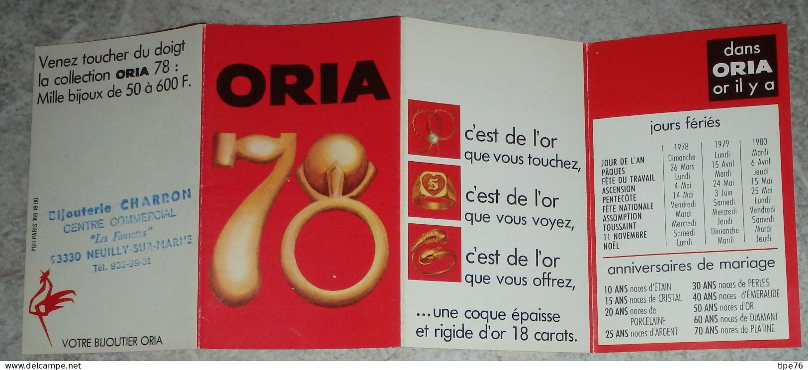 Petit Calendrier De Poche 1978 ORIA Bijou Bijoutier Neuilly Sur Marne Seine Saint Denis - Kleinformat : 1971-80