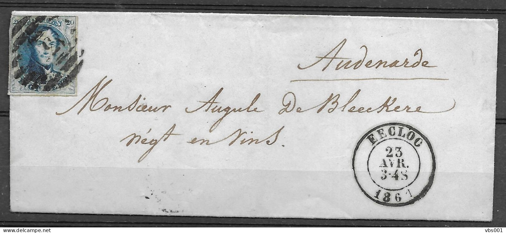 OBP11A (variëteit) Op Brief Uit 1861 Verzonden Vanuit Eecloo (P37 8B) Naar Audenaerde, Met Vertrek- En Aankomstststempel - 1858-1862 Médaillons (9/12)