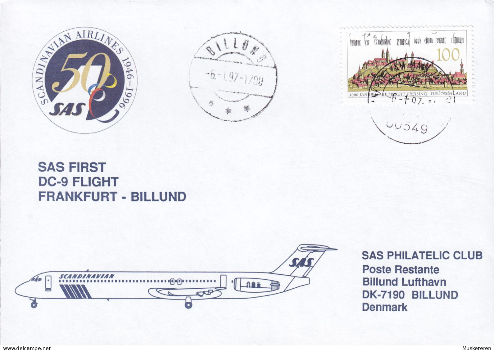 Deutschland SAS First DC-9 Flight FRANKFURT - BILLUND 1997 Cover Brief Lettre Brotype BILLUND (Arr.) Marktrecht Freising - First Flight Covers