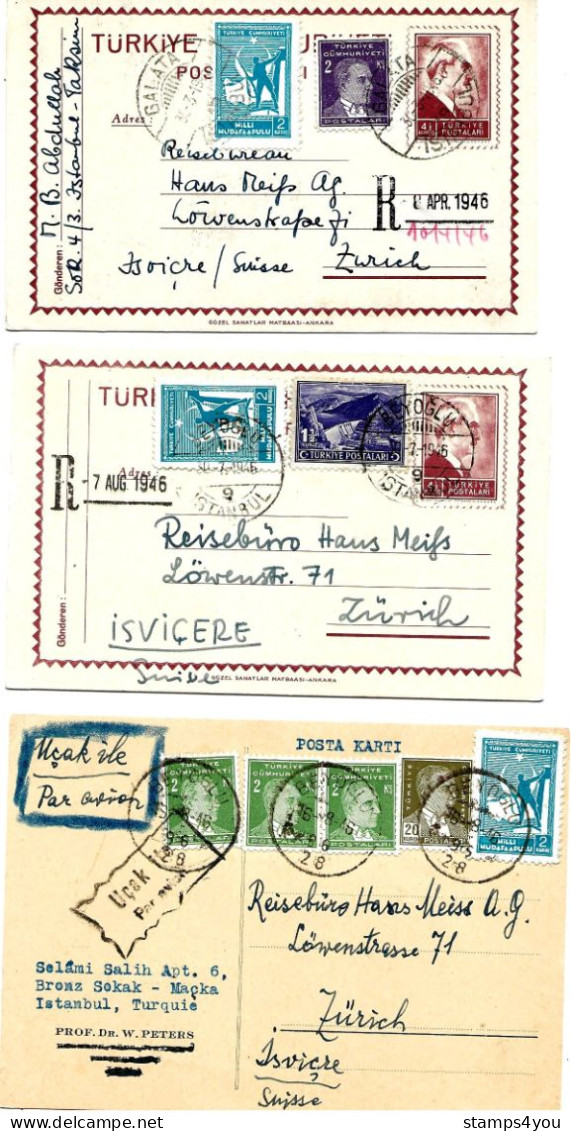 CH - 168 - 3 Cartes Envoyées De Turquie En Suisse 1946 - Briefe U. Dokumente