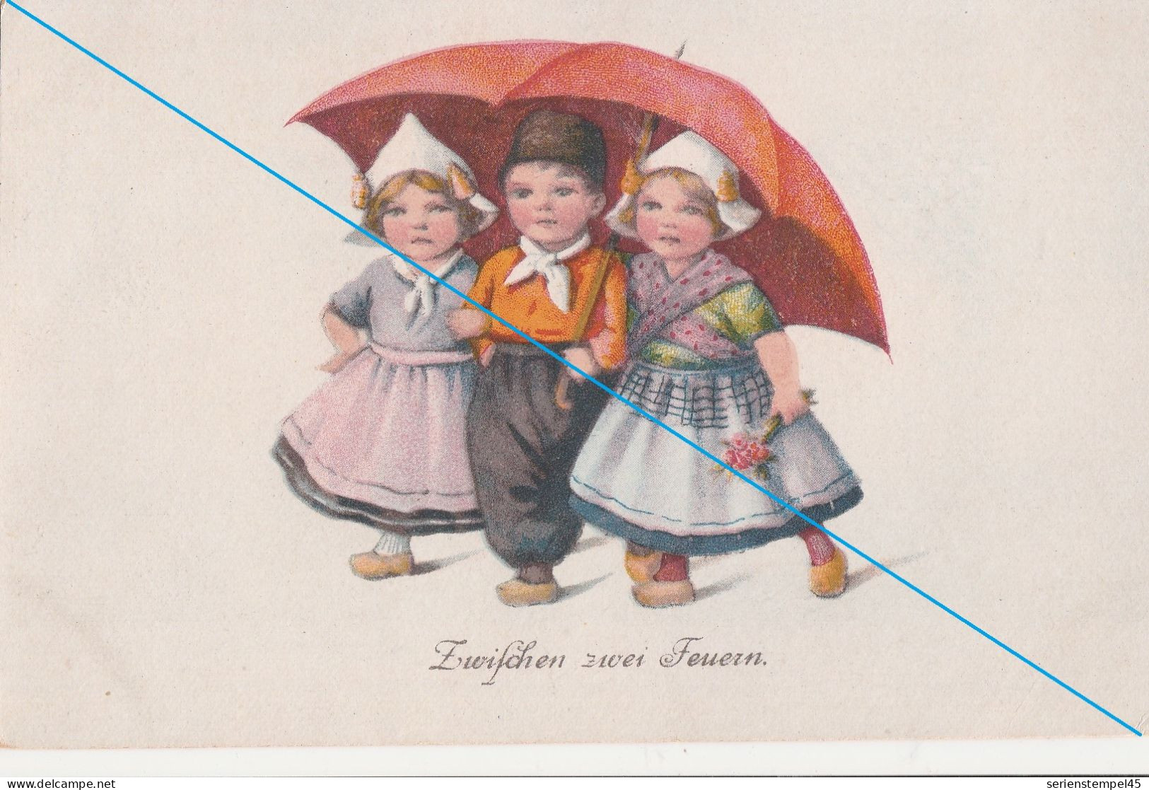 Ak Motive Kinder Gruppe Von Kinder Unter Regenschirm 1921 Zwischen Zwei Feuern - Groupes D'enfants & Familles