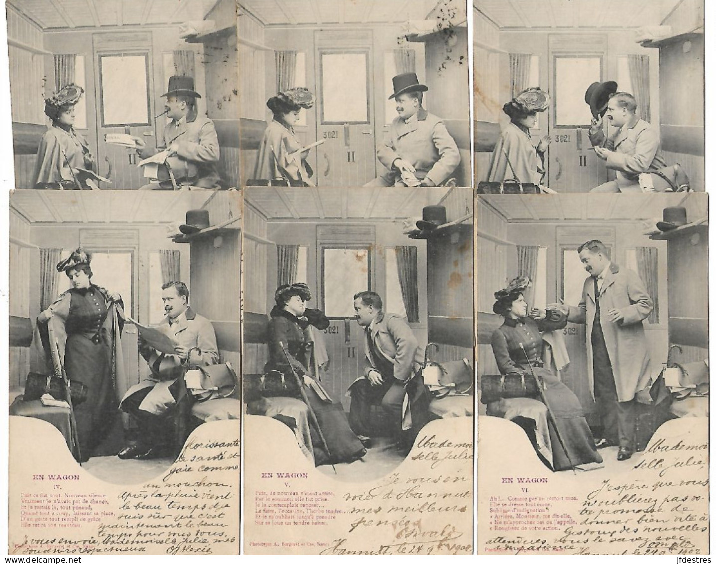 En Wagon Série De Dix Cartes Postales D'approche Et De Séduction Années 1902 Nancy Phototypie Bergeret - Couples