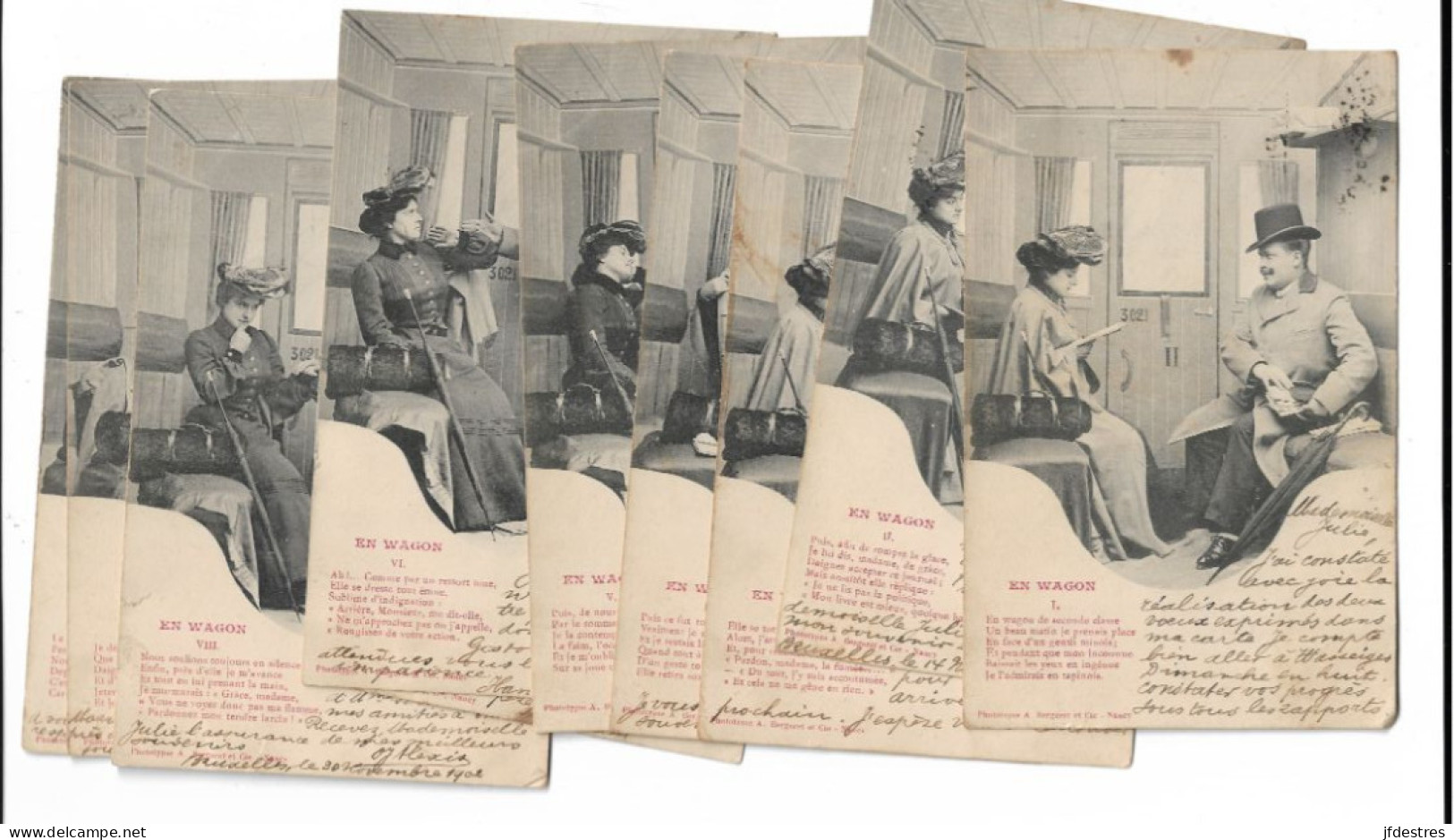 En Wagon Série De Dix Cartes Postales D'approche Et De Séduction Années 1902 Nancy Phototypie Bergeret - Couples