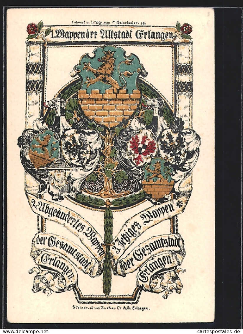 Künstler-AK Erlangen, 1. Wappen Der Stadt Erlangen Und 2. Abgeändertes Wappen, 3. Wappen, Ganzsache Bayern  - Cartes Postales