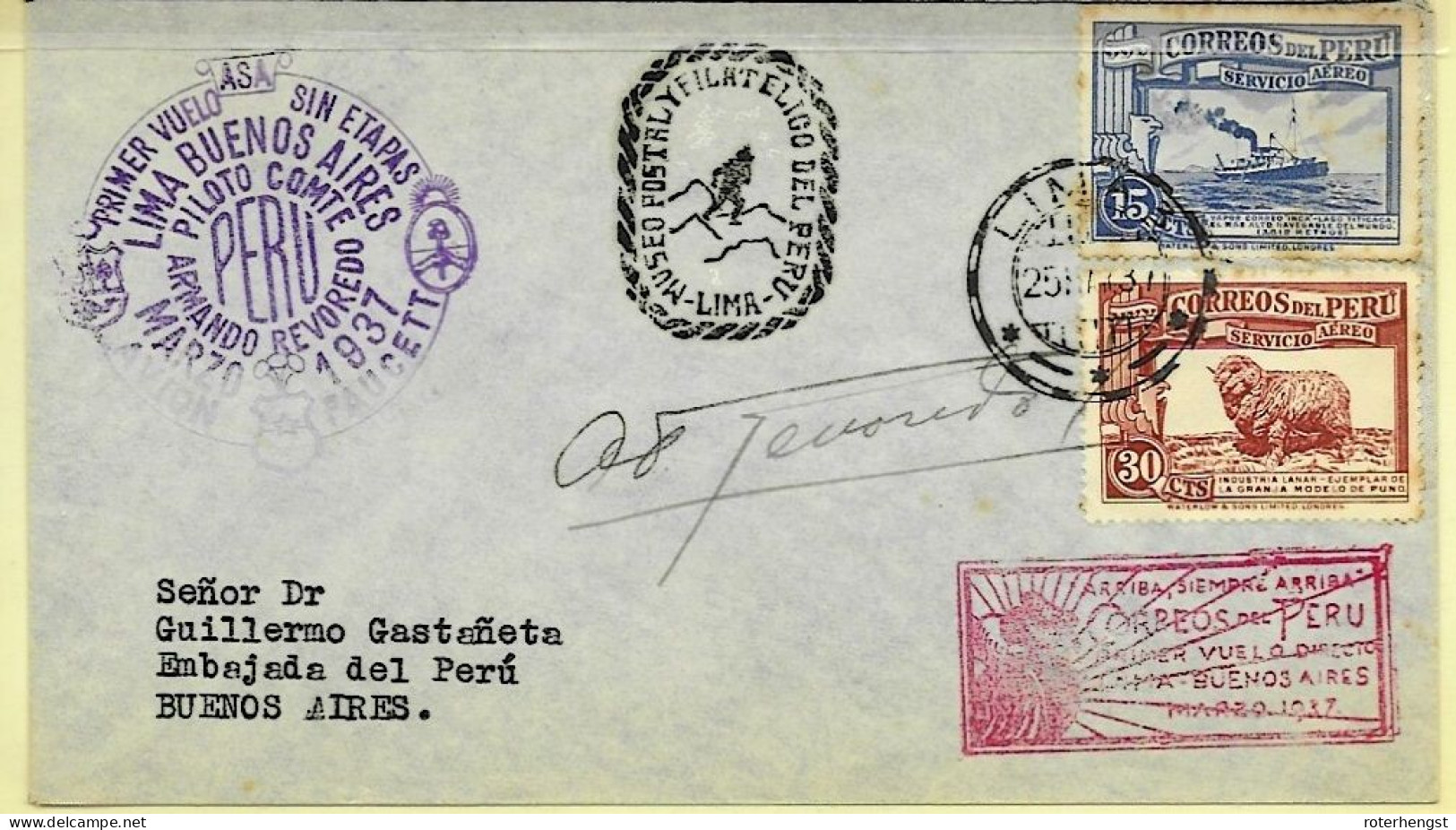 Peru Lima FIRST FLIGHT Airmail Letter To Buenos Aires 1937 - Peru