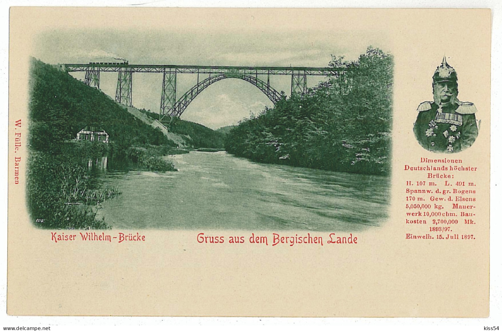 GER 06 - 5704 BERGISCHEN LANDE, Germany, L I T H O, Bridge King Wilhelm & Train - Old Postcard - Unused - Bergisch Gladbach