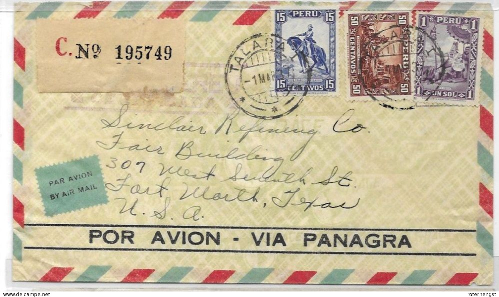 Peru Talara Airmail R-letter To USA 1937 - Pérou