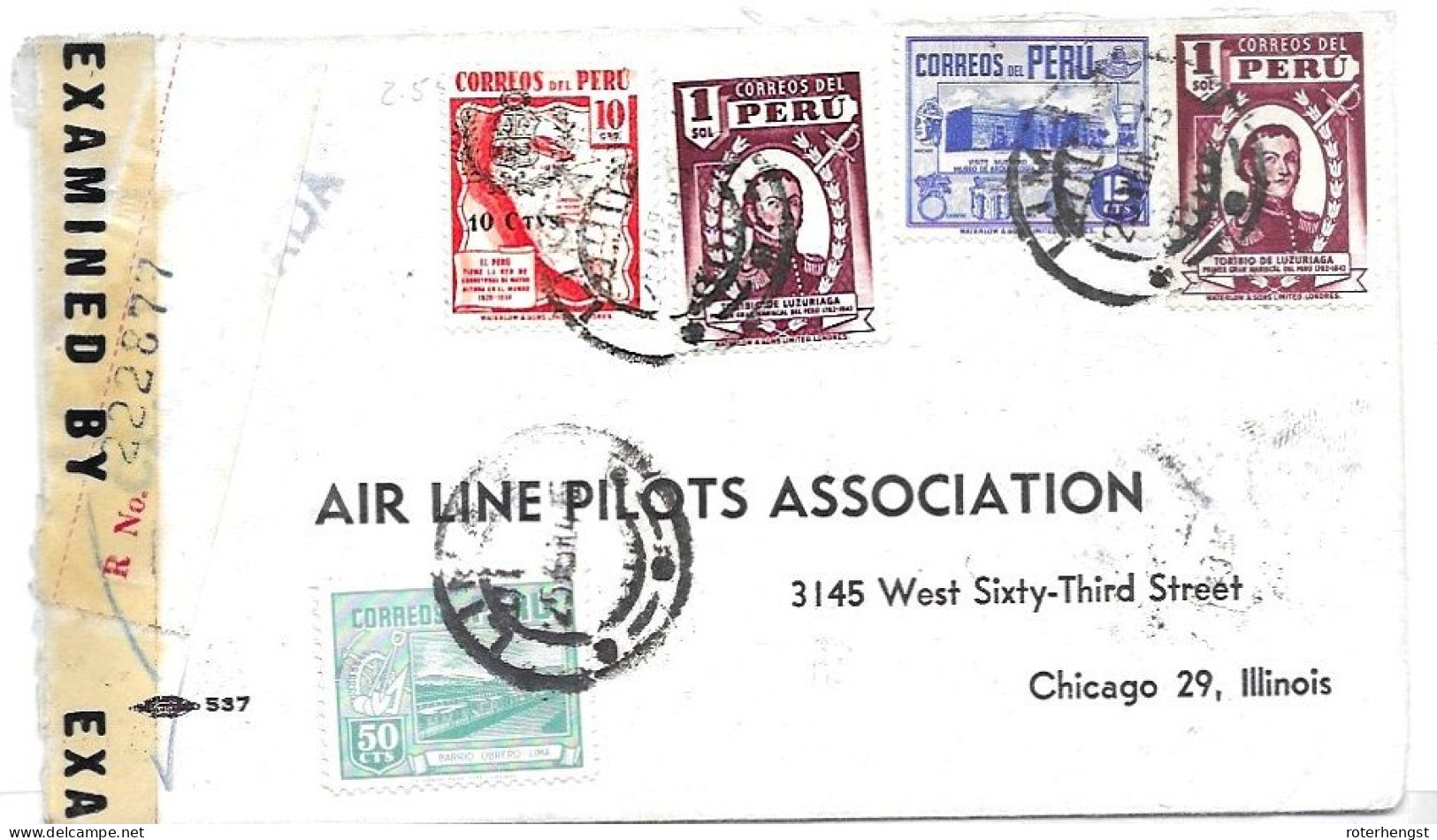 Peru Lima To Chicago USA 1945 CENSORED  (many Transit And Arrival Cancels On Back) - Peru