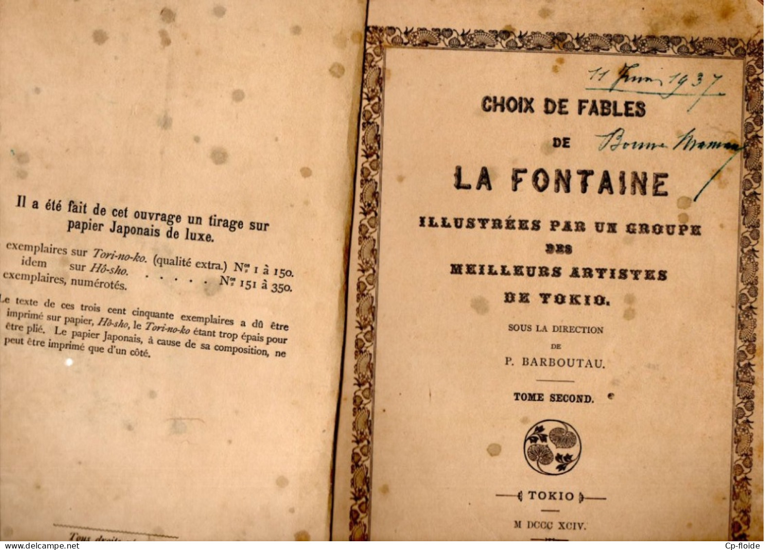 LIVRE . LA FONTAINE . CHOIX DE FABLES ILLUSTRÉES PAR UN GROUPE DES MEILLEURS ARTISTES DE TOKIO . 2 TOMES - Réf. N°292L - - Französische Autoren