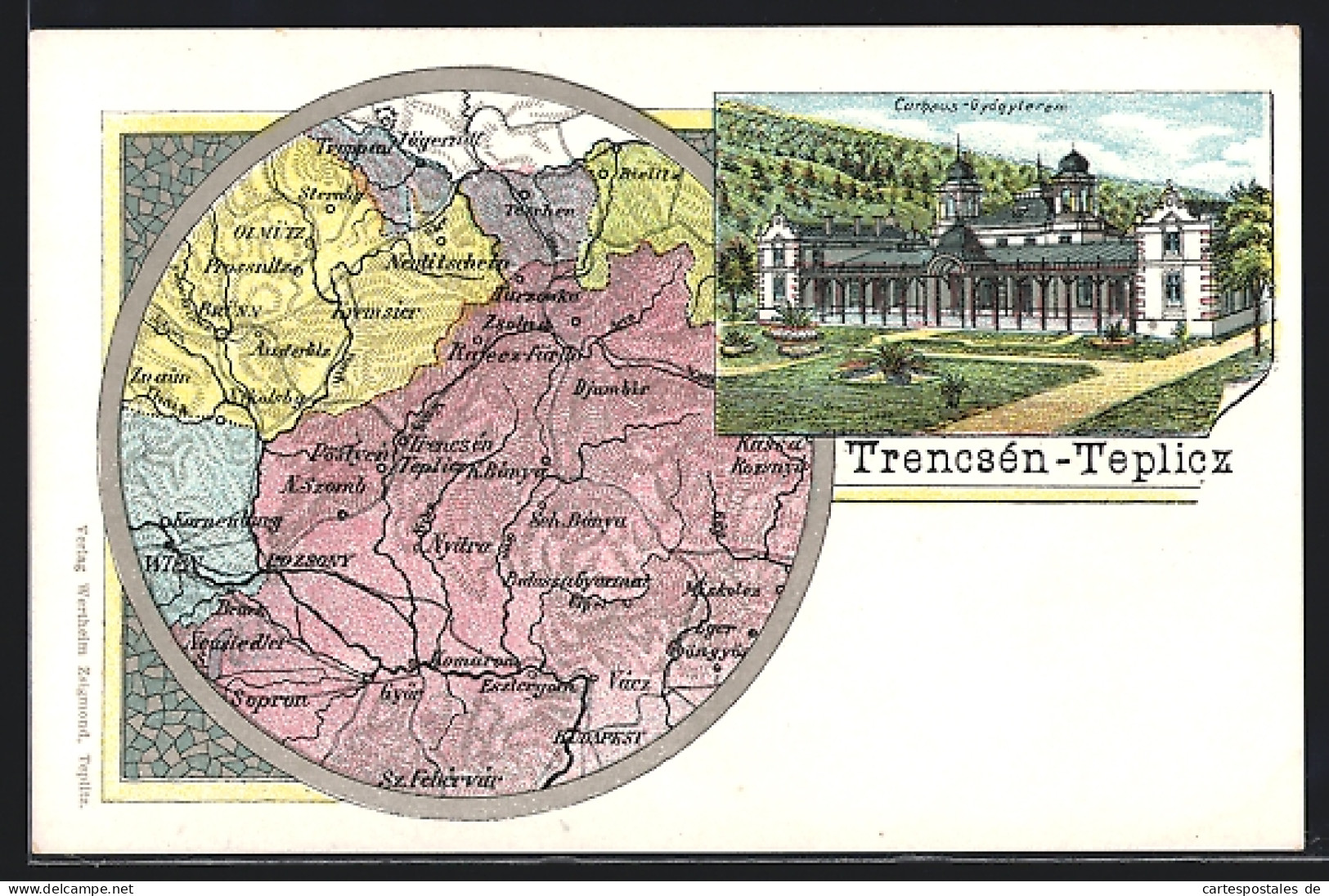 Lithographie Trencenteplic, Curhaus, Landkarte Von Trencenteplic Und Umgebung  - Slovaquie