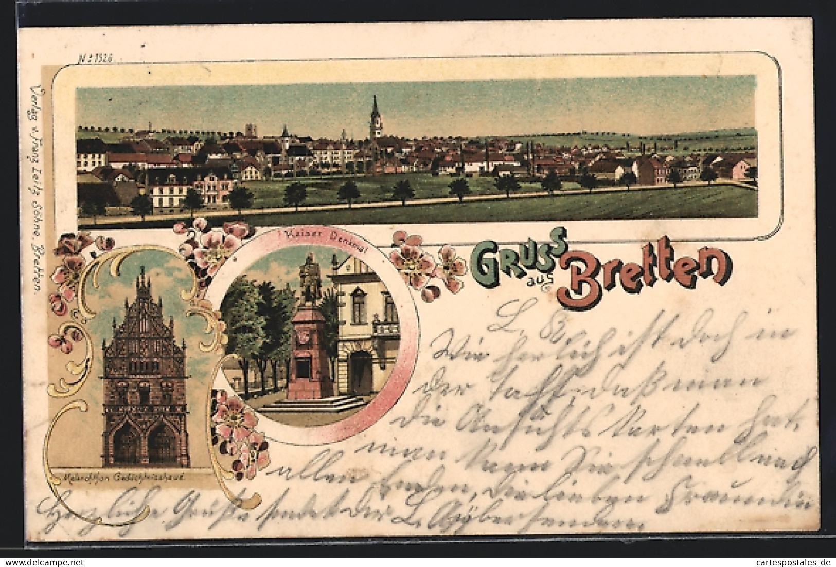 Lithographie Bretten, Totale Des Ortes, Kaiser Denkmal, Melanchthon Gedächtnishaus  - Bretten
