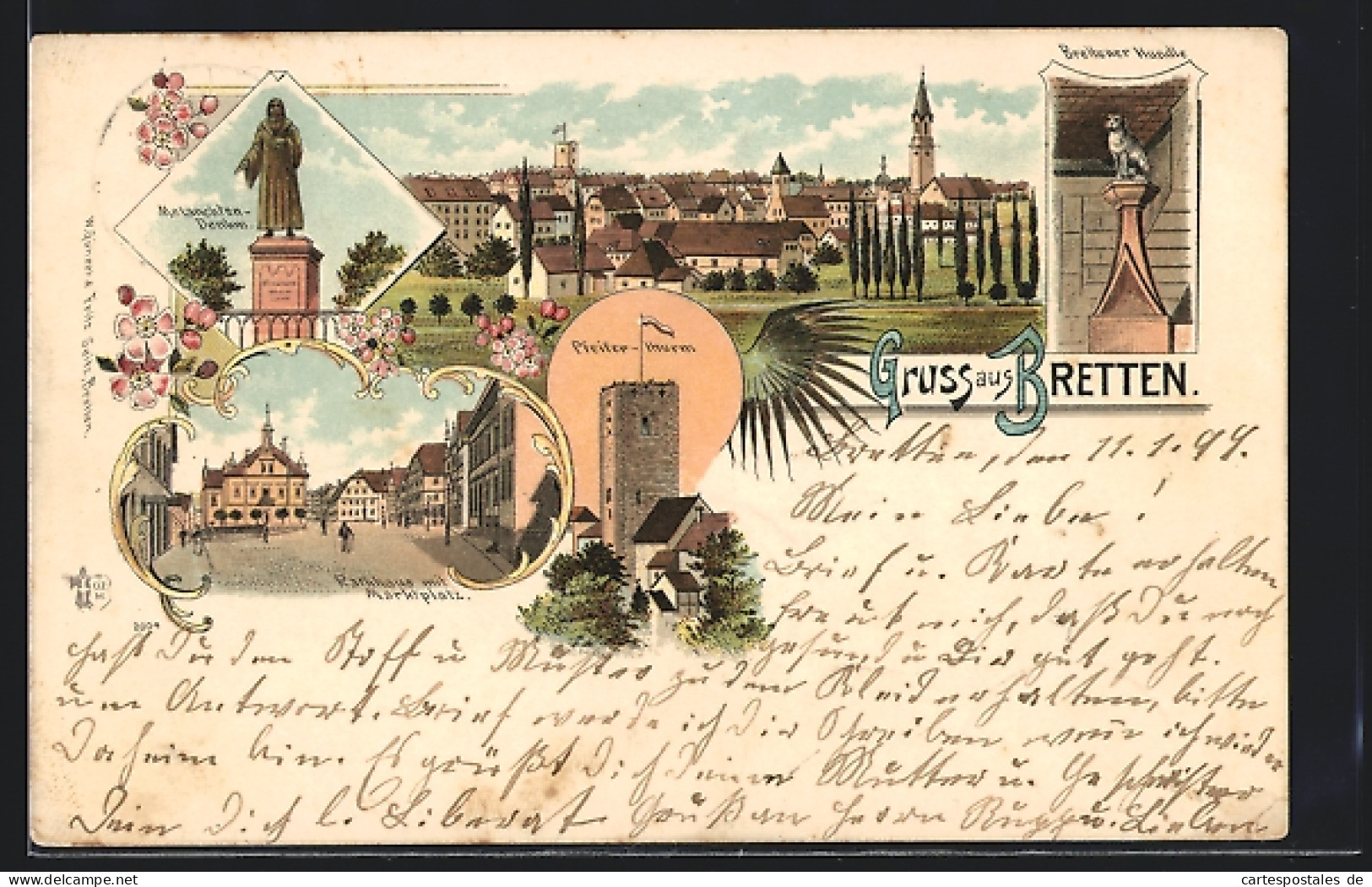 Lithographie Bretten, Rathaus Mit Marktplatz, Pfeiferturm, Brettener Hundle  - Bretten