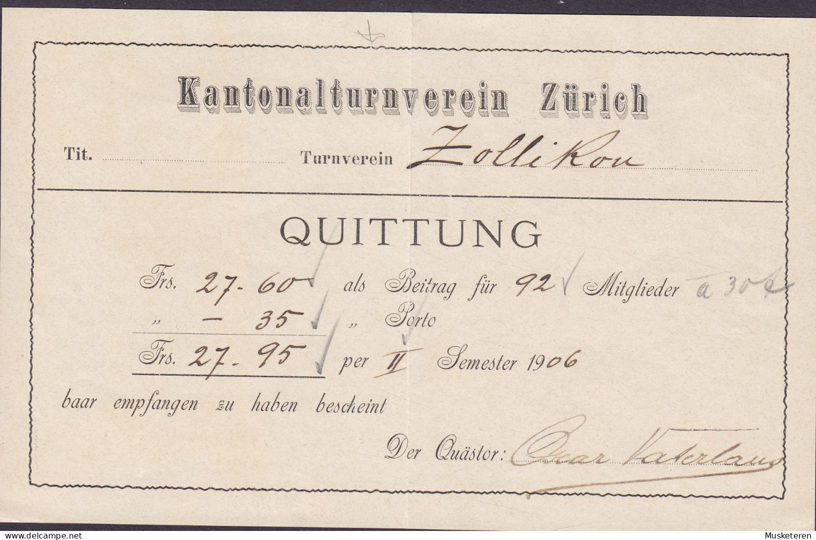 Switzerland KANTONALTURNVEREIN ZÜRICH 1906 Quittung ZOLLIKON (2 Scans) - Switzerland