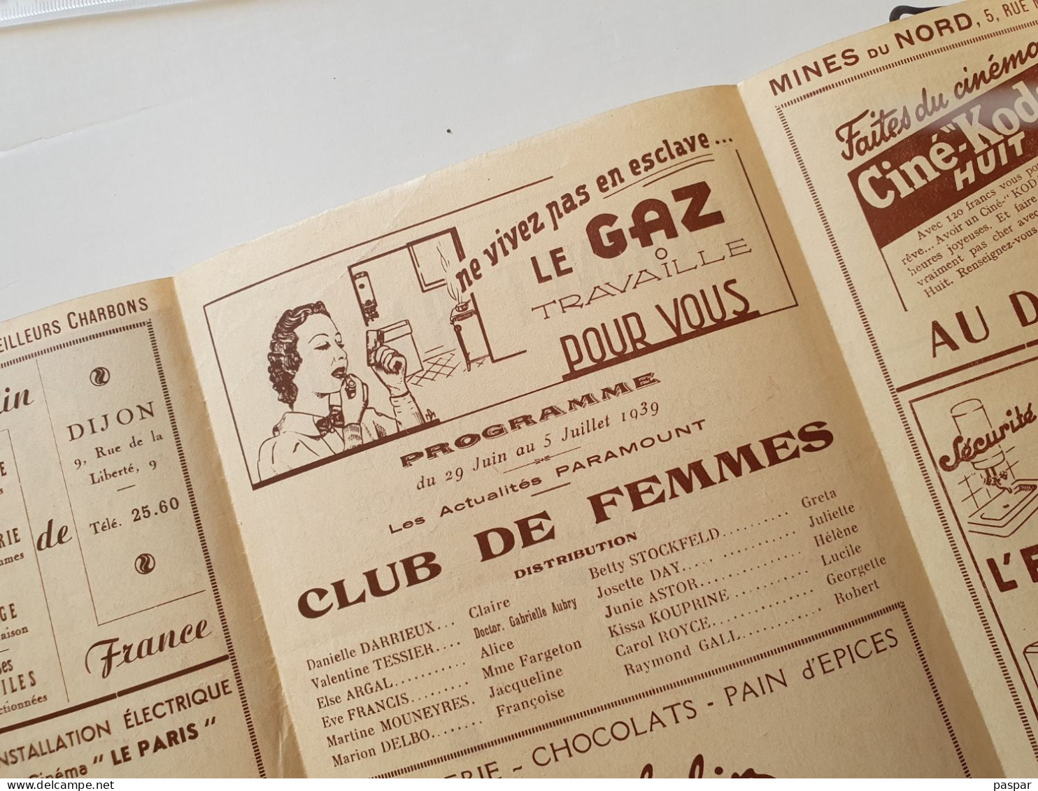 Programme Cinéma Le Paris Dijon 1939 - Club De Femmes - Danielle Darrieux - Nombreuses Publicités Kodak, Michelin, ... - Programmi