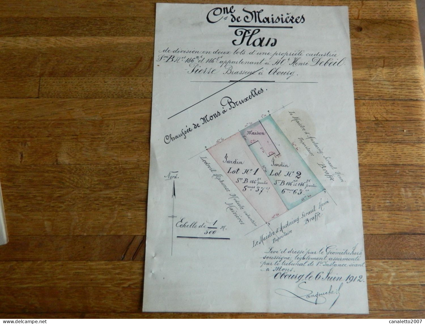 MAISIERES:  PLAN DE 2 LOTS APPARTENANT A M.HENRI DEBEIL -PIERRE BRASSEUR A OBOURG  CH.DE MONS -OBOURG LE 6 JUIN 1912 - Altri Disegni